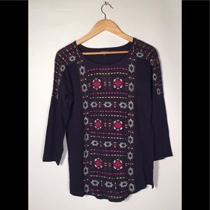 LUCKY BRAND navy embroidered long sleeve top